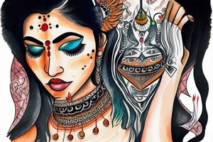 An Indian woman looking out of a jaguar head and wearing a wide heavy slave collar with an huge nose ring tattoo idea