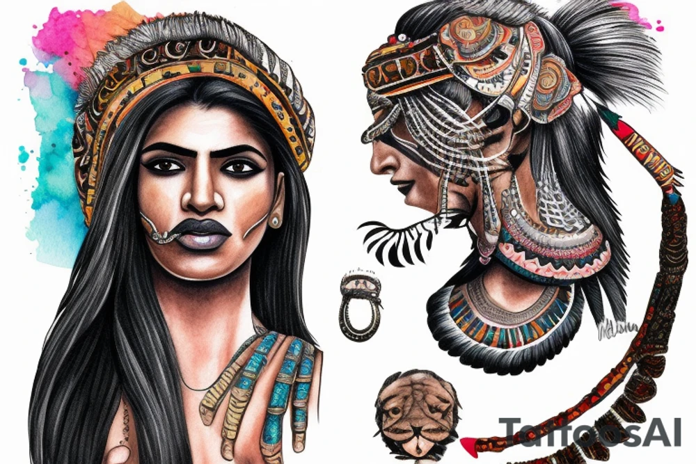 An Indian woman looking out of a jaguar head and wearing a wide heavy slave collar with an huge nose ring tattoo idea