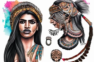 An Indian woman looking out of a jaguar head and wearing a wide heavy slave collar with an huge nose ring tattoo idea