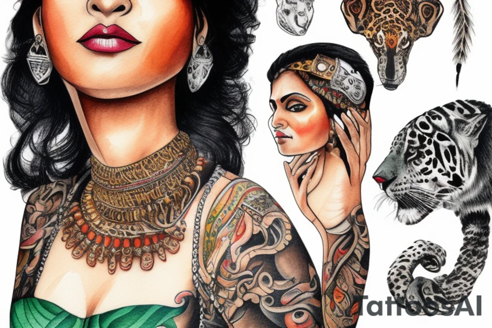 An Indian woman looks out of a jaguar head and has a wide heavy collar and a wide fat steel nose ring tattoo idea