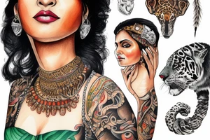 An Indian woman looks out of a jaguar head and has a wide heavy collar and a wide fat steel nose ring tattoo idea