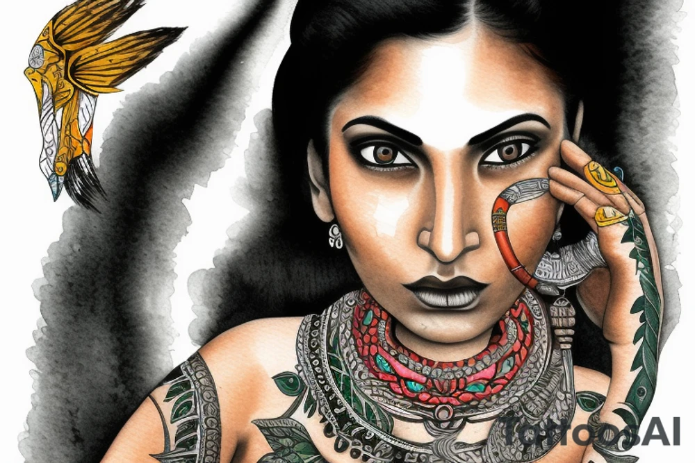 An Indian woman looks out of a jaguar head and has a wide heavy collar and a wide fat steel nose ring tattoo idea