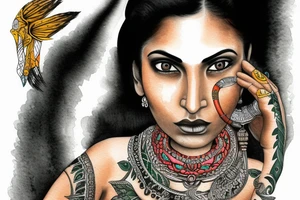 An Indian woman looks out of a jaguar head and has a wide heavy collar and a wide fat steel nose ring tattoo idea