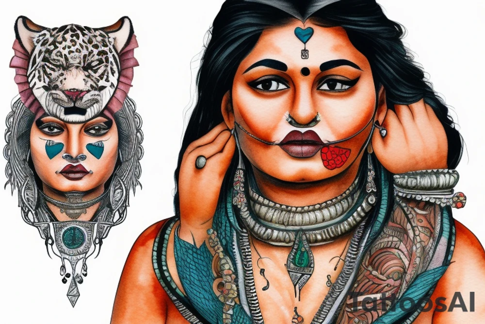 An Indian woman looks out of a jaguar head and has a wide heavy collar and a wide fat steel nose ring tattoo idea