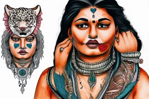 An Indian woman looks out of a jaguar head and has a wide heavy collar and a wide fat steel nose ring tattoo idea