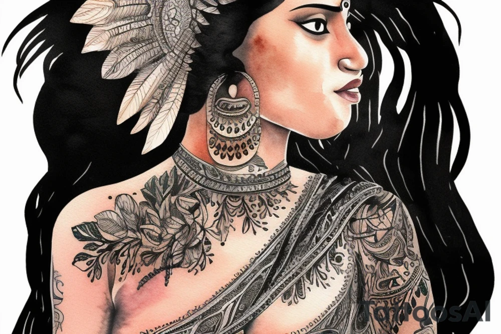 An Indian woman looks out of a jaguar head and has a wide heavy collar and a wide fat steel nose ring tattoo idea