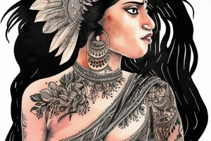 An Indian woman looks out of a jaguar head and has a wide heavy collar and a wide fat steel nose ring tattoo idea