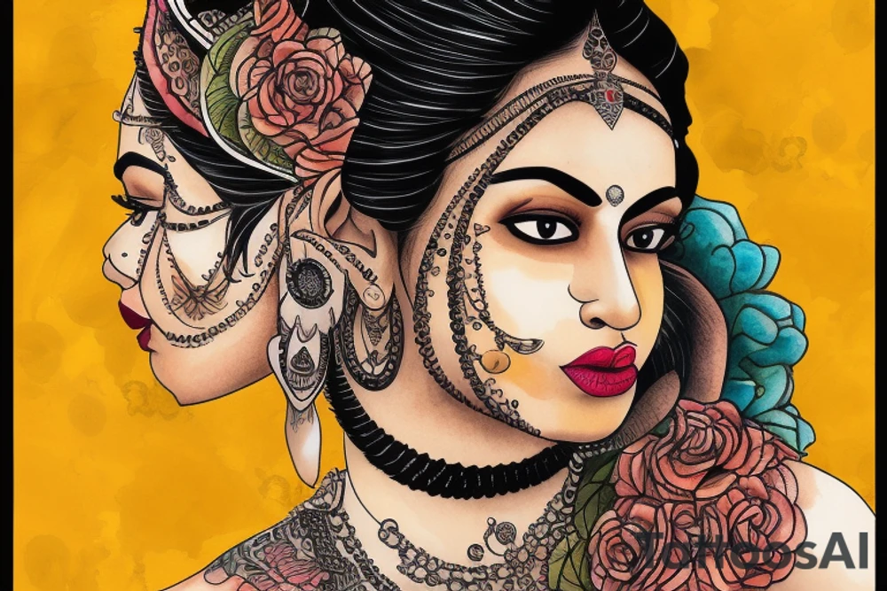 An Indian woman looks out of a jaguar head and has a wide heavy collar and a wide fat steel nose ring tattoo idea
