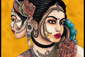 An Indian woman looks out of a jaguar head and has a wide heavy collar and a wide fat steel nose ring tattoo idea