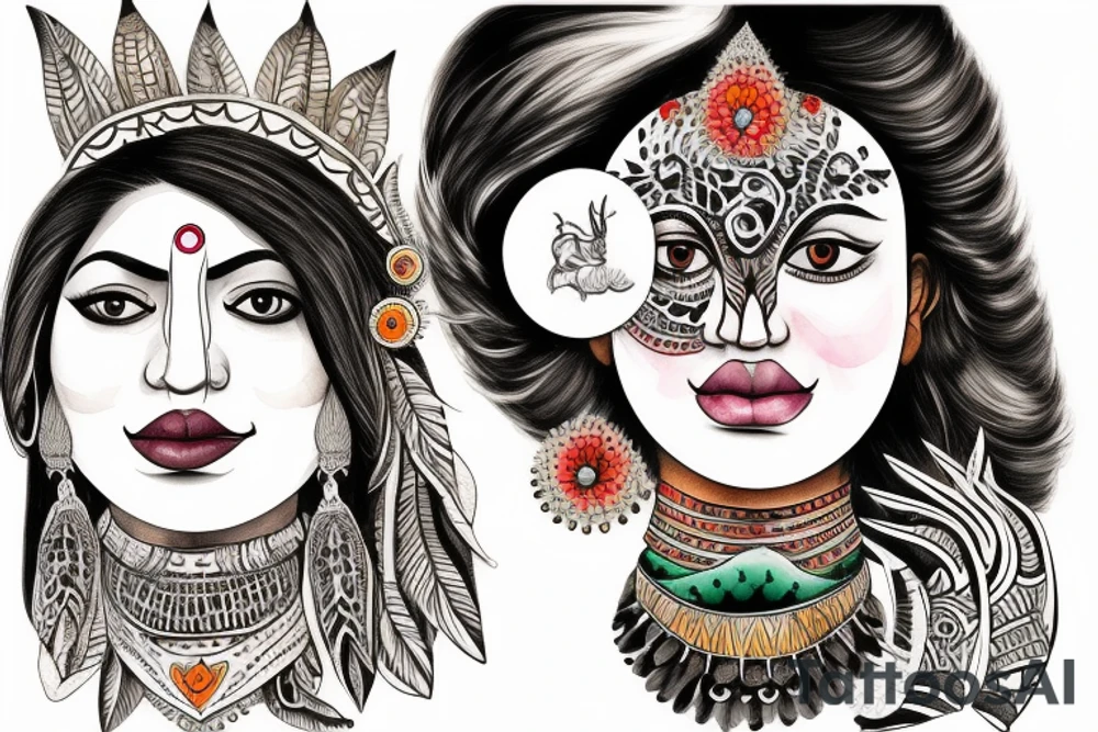 An Indian woman looks out of a jaguar head and has a wide heavy collar and a wide fat steel nose ring tattoo idea