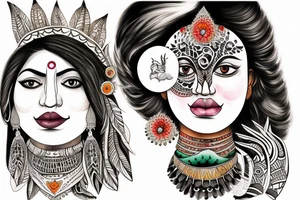 An Indian woman looks out of a jaguar head and has a wide heavy collar and a wide fat steel nose ring tattoo idea