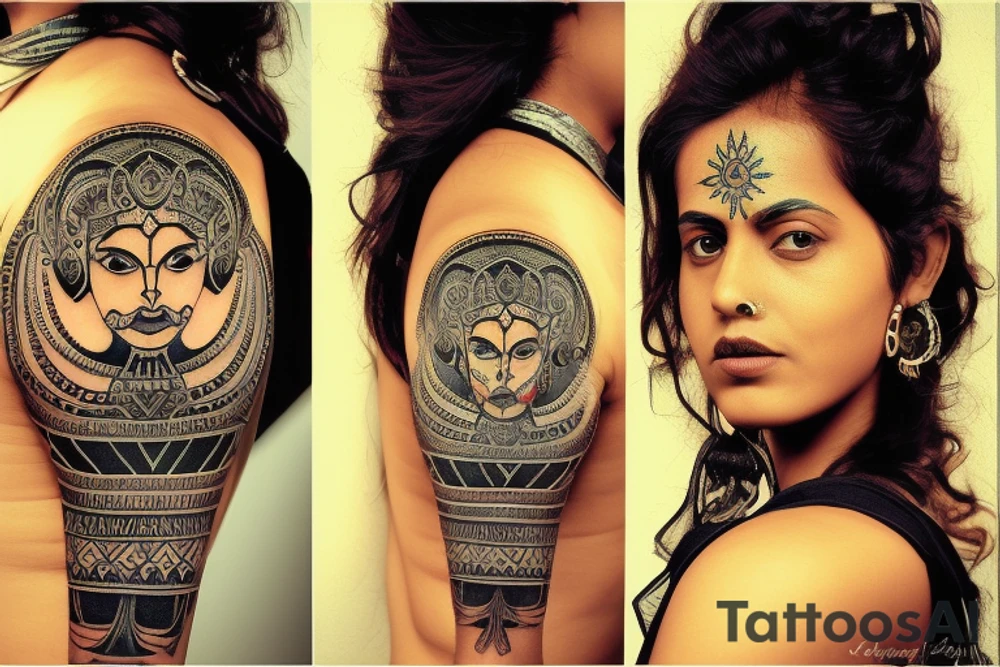 A tattoo for my right shoulder An Indian woman looks out of a jaguar head and has a wide heavy collar with a wide fat steel nose ring tattoo idea