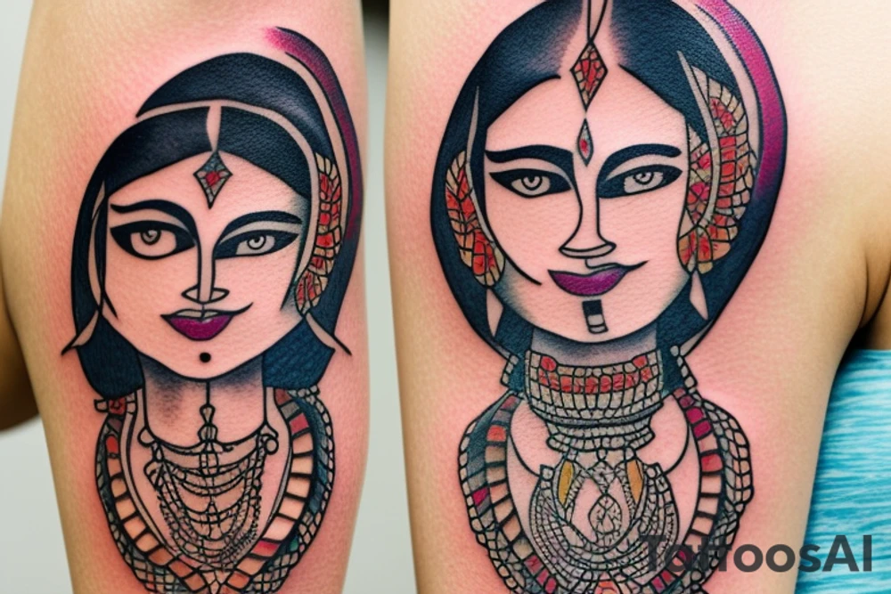 A tattoo for my right shoulder An Indian woman looks out of a jaguar head and has a wide heavy collar with a wide fat steel nose ring tattoo idea