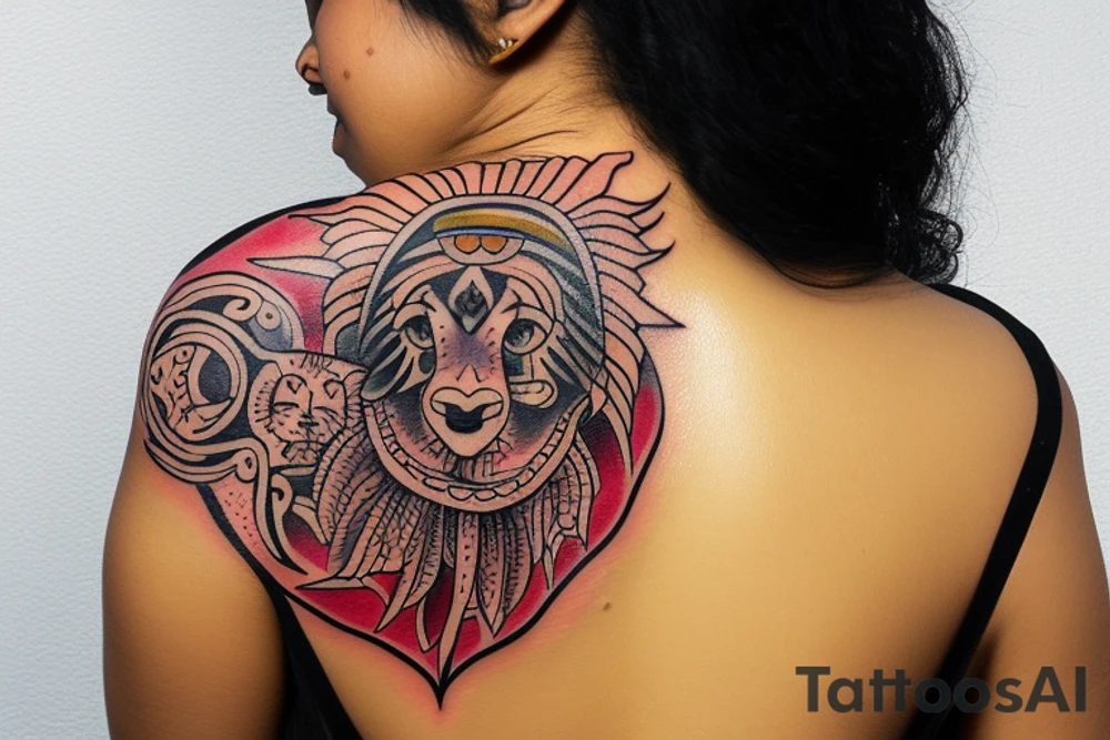 A tattoo for my right shoulder An Indian woman looks out of a jaguar head and has a wide heavy collar with a wide fat steel nose ring tattoo idea