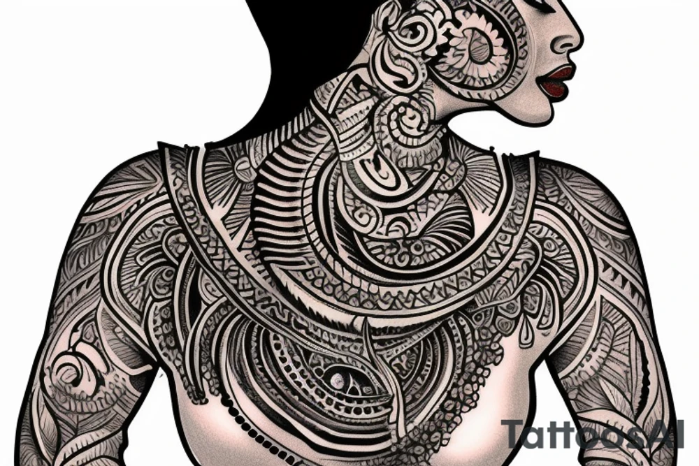 A tattoo for my right shoulder An Indian woman looks out of a jaguar head and has a wide heavy collar with a wide fat steel nose ring tattoo idea