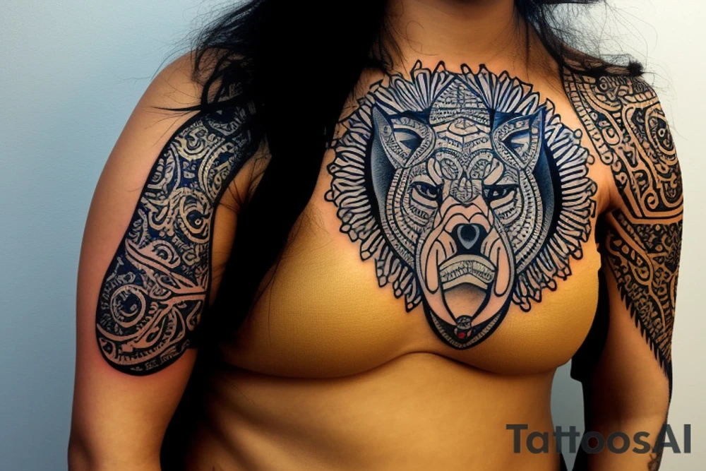 A tattoo for my right shoulder An Indian woman looks out of a jaguar head and has a wide heavy collar with a wide fat steel nose ring tattoo idea