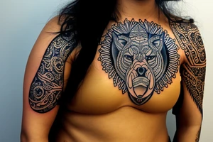 A tattoo for my right shoulder An Indian woman looks out of a jaguar head and has a wide heavy collar with a wide fat steel nose ring tattoo idea