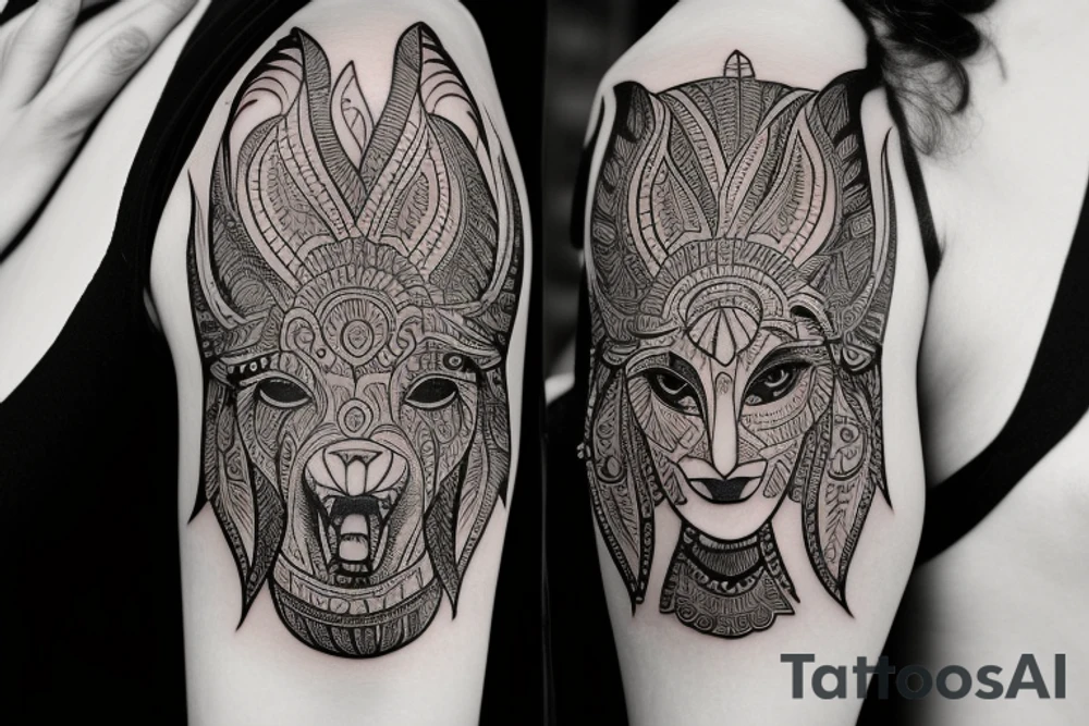 A tattoo for my right shoulder An Indian woman looks out of a jaguar head and has a wide heavy collar with a wide fat steel nose ring tattoo idea