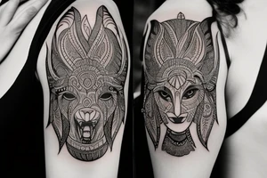 A tattoo for my right shoulder An Indian woman looks out of a jaguar head and has a wide heavy collar with a wide fat steel nose ring tattoo idea