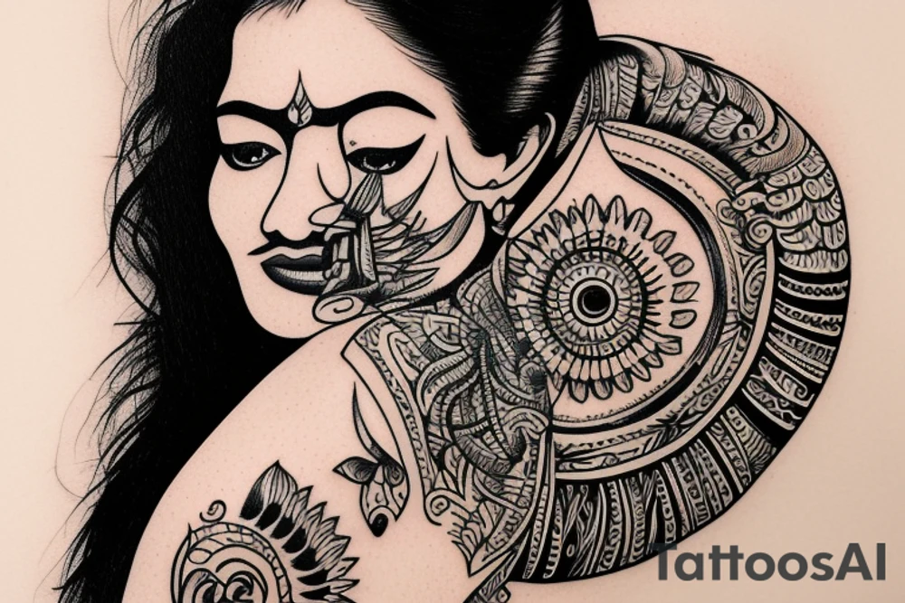 A tattoo for my right shoulder An Indian woman looks out of a jaguar head and has a wide heavy collar with a wide fat steel nose ring tattoo idea