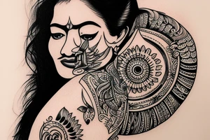A tattoo for my right shoulder An Indian woman looks out of a jaguar head and has a wide heavy collar with a wide fat steel nose ring tattoo idea