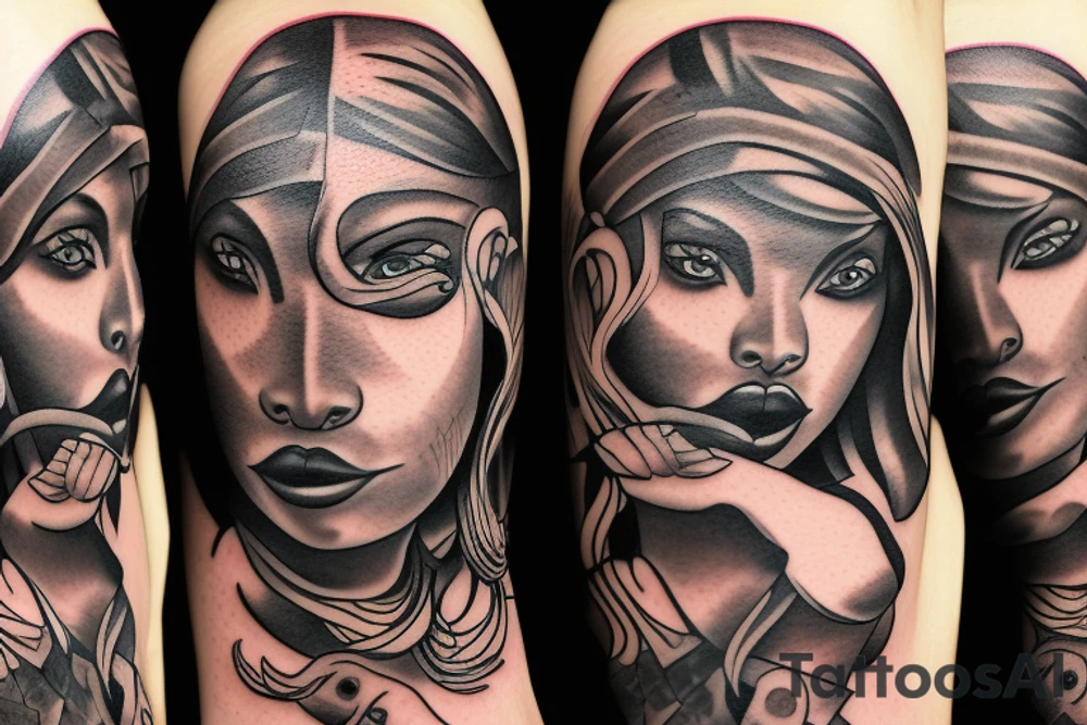 A tattoo for my right shoulder An Slave woman looks out of a jaguar head and has a wide heavy collar with a wide fat steel nose ring tattoo idea