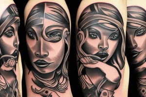 A tattoo for my right shoulder An Slave woman looks out of a jaguar head and has a wide heavy collar with a wide fat steel nose ring tattoo idea