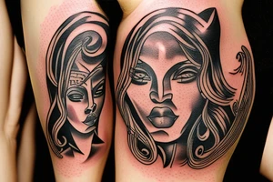 A tattoo for my right shoulder An Slave woman looks out of a jaguar head and has a wide heavy collar with a wide fat steel nose ring tattoo idea