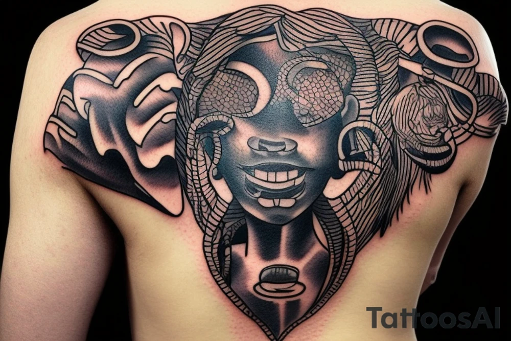 A tattoo for my right shoulder An Slave woman looks out of a jaguar head and has a wide heavy collar with a wide fat steel nose ring tattoo idea