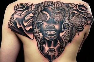 A tattoo for my right shoulder An Slave woman looks out of a jaguar head and has a wide heavy collar with a wide fat steel nose ring tattoo idea