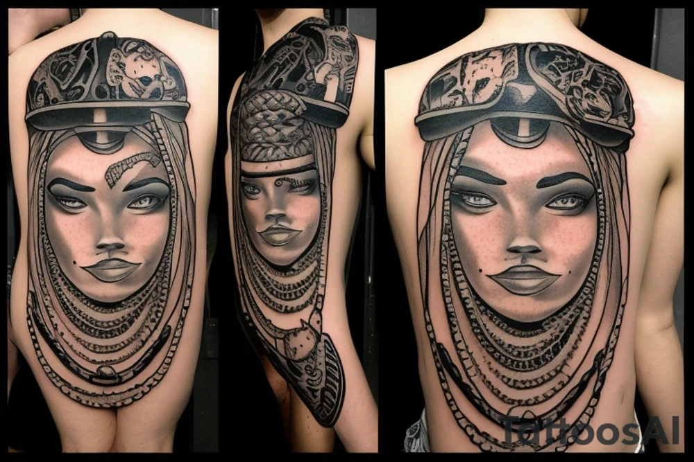 A tattoo for my right shoulder An Slave woman looks out of a jaguar head and has a wide heavy collar with a wide fat steel nose ring tattoo idea