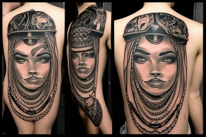 A tattoo for my right shoulder An Slave woman looks out of a jaguar head and has a wide heavy collar with a wide fat steel nose ring tattoo idea