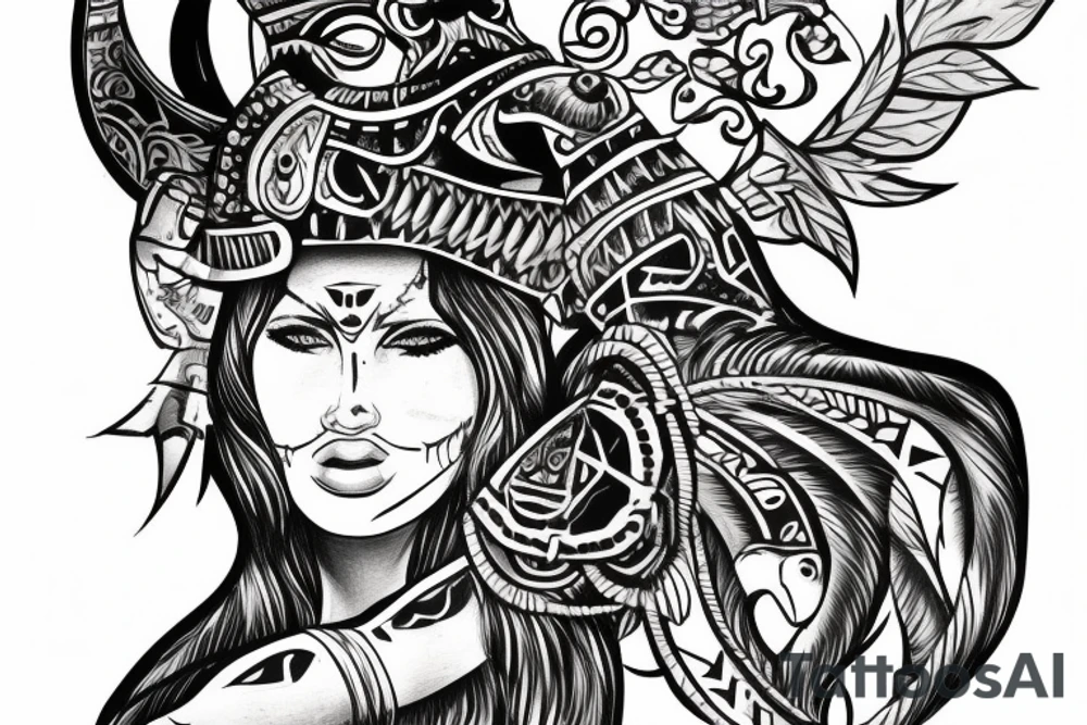 A tattoo for my right shoulder An Warrior woman looks out of a jaguar head and has a wide heavy collar with a wide fat steel nose ring tattoo idea