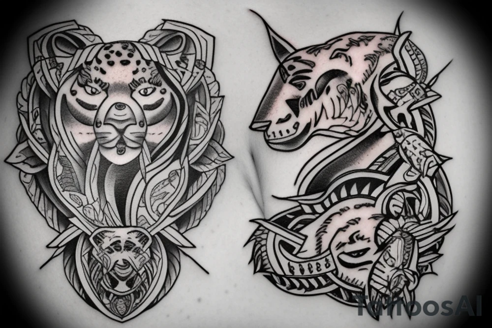 A tattoo for my right shoulder An Warrior woman looks out of a jaguar head and has a wide heavy collar with a wide fat steel nose ring tattoo idea