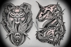A tattoo for my right shoulder An Warrior woman looks out of a jaguar head and has a wide heavy collar with a wide fat steel nose ring tattoo idea