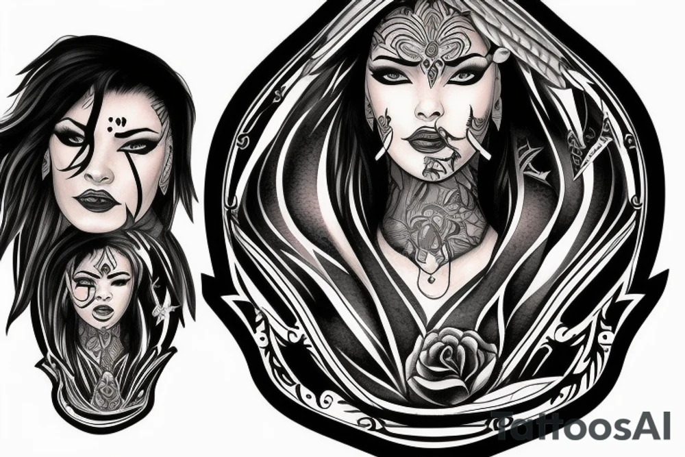 A tattoo for my right shoulder An Warrior woman wear a wide heavy collar with a wide fat steel nose ring tattoo idea