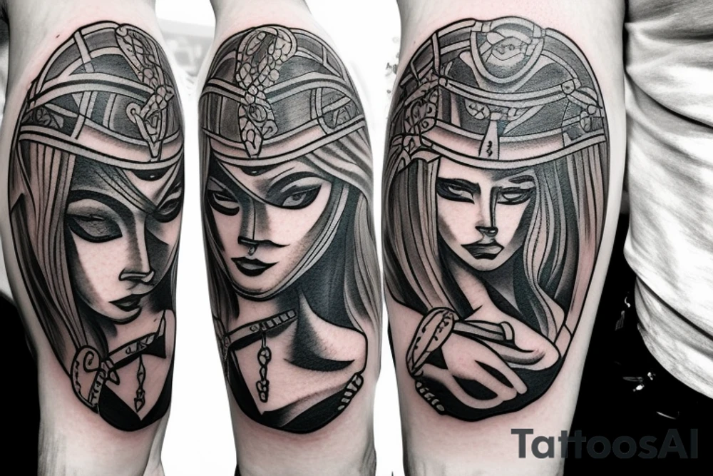 A tattoo for my right shoulder An Warrior woman wear a wide heavy collar with a wide fat steel nose ring tattoo idea