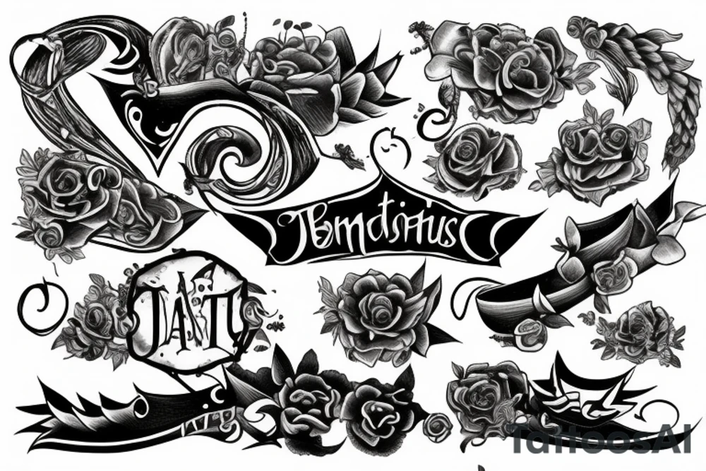 manuscript text tatoo refined with the names of Lucas, Benjamin, Maite tattoo idea