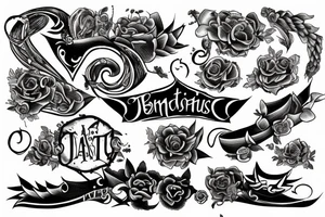 manuscript text tatoo refined with the names of Lucas, Benjamin, Maite tattoo idea