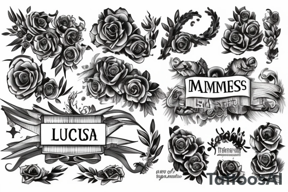 manuscript text tatoo refined with the names of Lucas, Benjamin, Maite tattoo idea