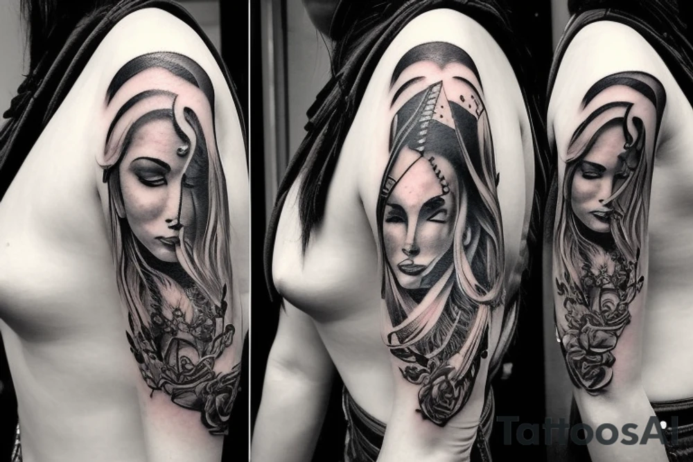 A tattoo for my right shoulder An Warrior woman wear a wide heavy collar with a wide fat steel nose ring tattoo idea