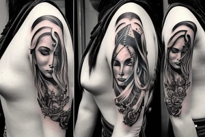 A tattoo for my right shoulder An Warrior woman wear a wide heavy collar with a wide fat steel nose ring tattoo idea
