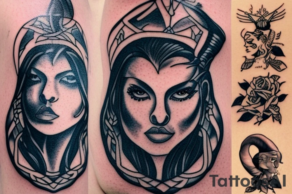 A tattoo for my right shoulder An Warrior woman wear a wide heavy collar with a wide fat steel nose ring tattoo idea