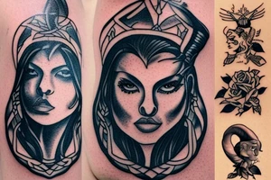 A tattoo for my right shoulder An Warrior woman wear a wide heavy collar with a wide fat steel nose ring tattoo idea