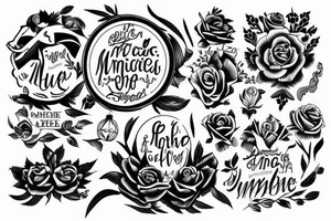 manuscript text tatoo refined with the names of Lucas, Benjamin, Maite tattoo idea