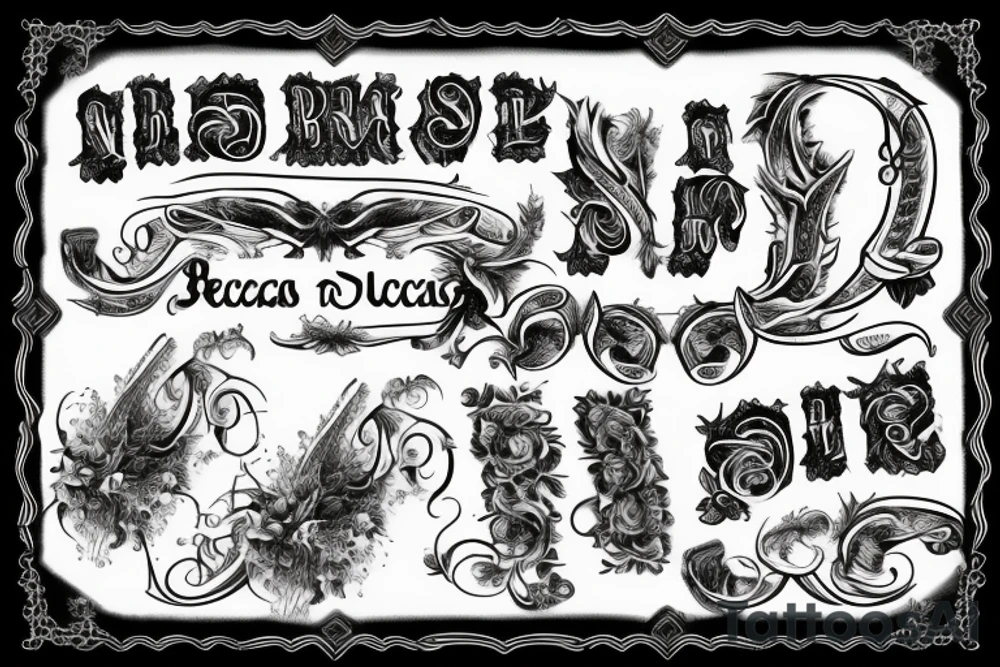 manuscript text tatoo refined with the names of Lucas, Benjamin, Maite tattoo idea