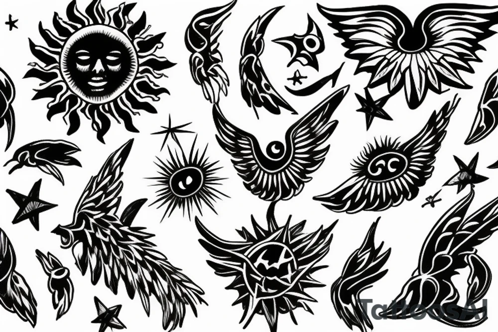 From a sun wings of small stars going up to the right and left of my sacrum tattoo idea