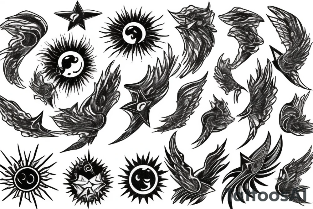 From a sun wings of small stars going up to the right and left of my sacrum tattoo idea
