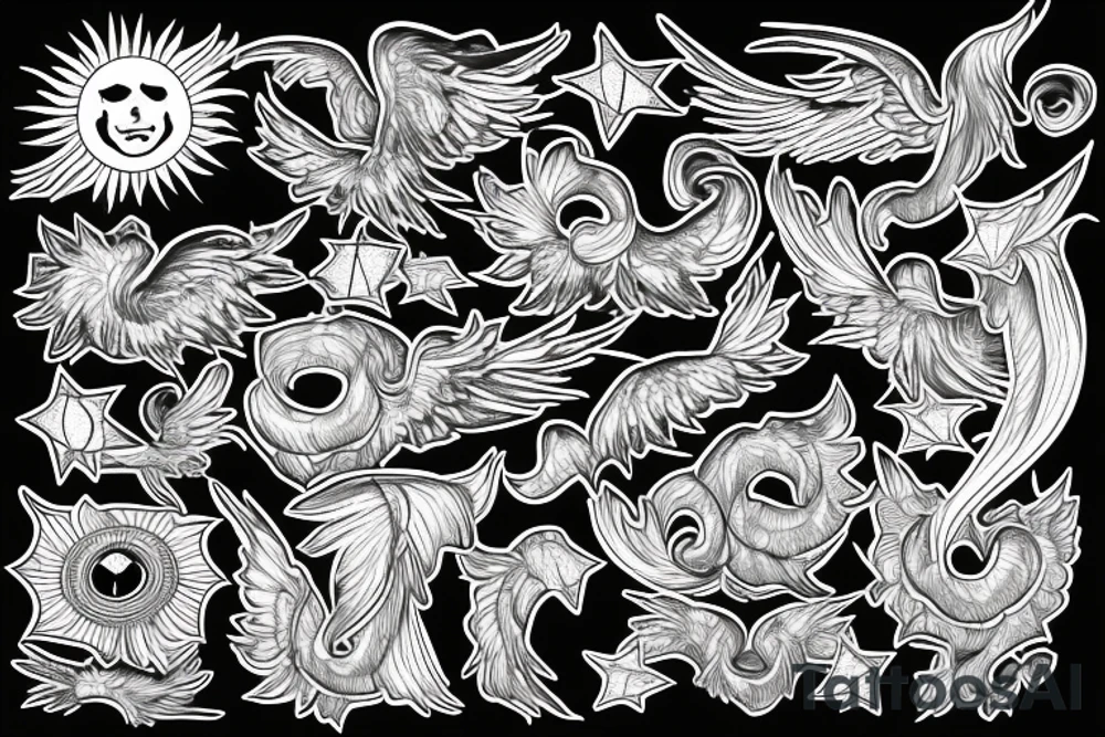 From a sun wings of small stars going up to the right and left of my sacrum tattoo idea