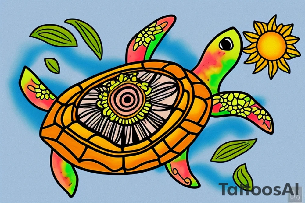 Puerto Rico turtle with flowers and an old sun for the lower part of my back tattoo idea